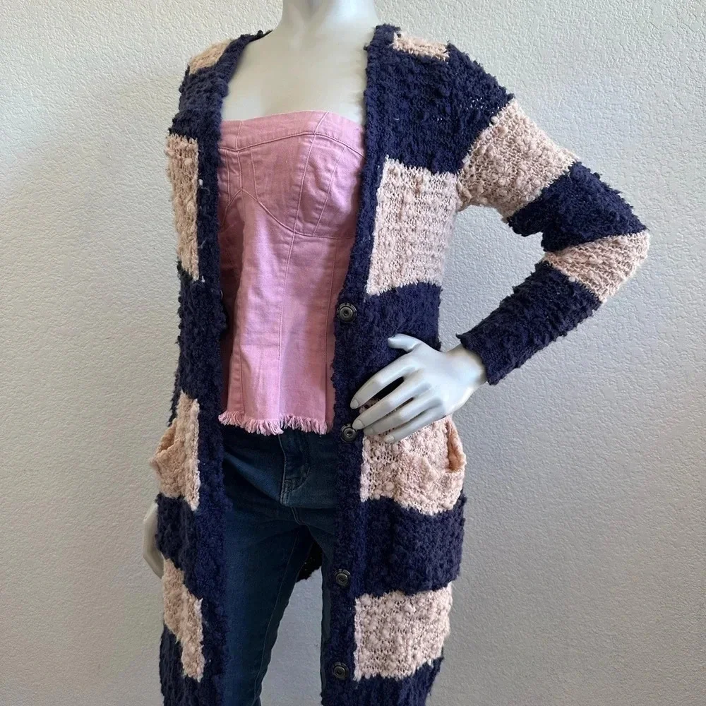 Free People XS navy combo front button cardigan